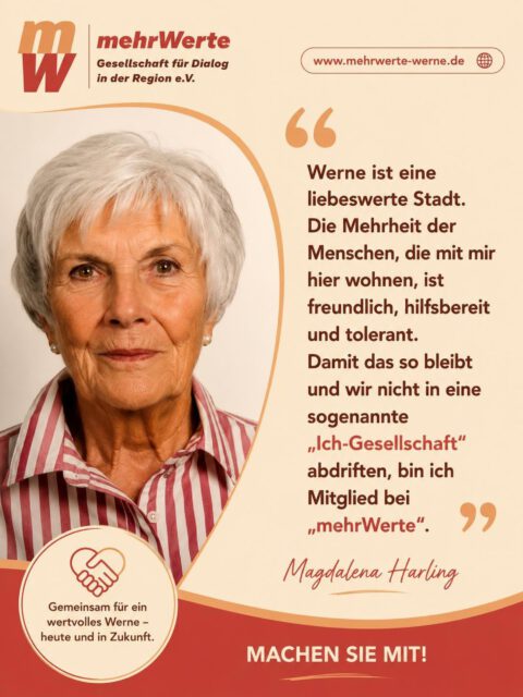 Werte verbinden – und Zusammenhalt beginnt im Miteinander.
In Werne leben viele Menschen, die sich gegenseitig unterstützen, zuhören und füreinander da sind. Genau dafür steht mehrWerte: für Respekt, Toleranz und einen offenen Austausch.

Danke an Magdalena Harling für ihre persönlichen Worte und ihren Blick auf das Miteinander in unserer Stadt.

Gemeinsam für ein wertvolles Werne – heute und in Zukunft.

#mehrWerte #Werne #Zusammenhalt #Miteinander #Respekt